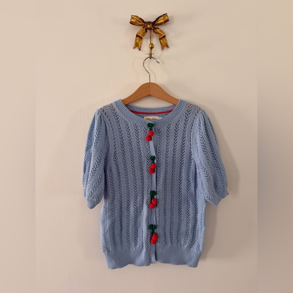 Mini Boden Light Blue Knit Cardigan with Red Accents